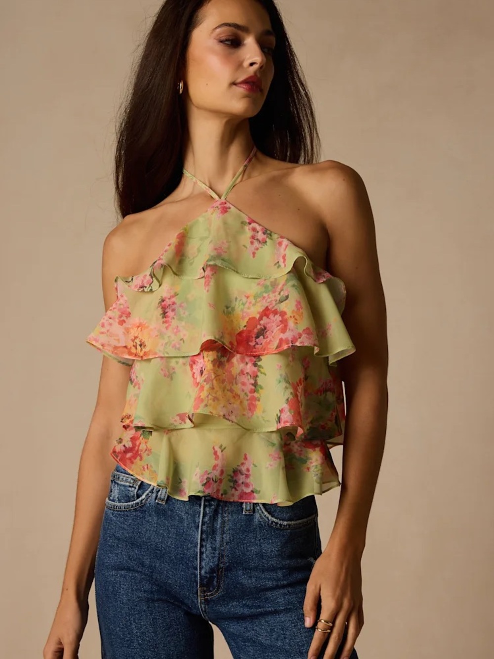 Lulu’s Floral Ruffle Halter Top in Lime Green